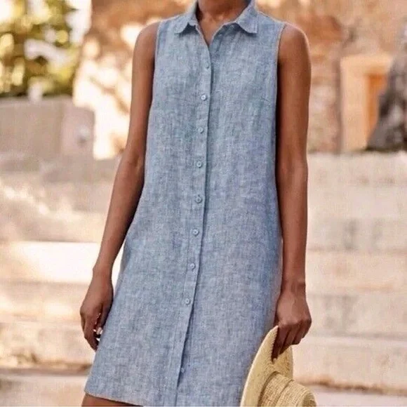 Garnet Hill Blue Linen Sleeveless Button Down Shirt Dress Women’s Size 18 - Picture 1 of 10
